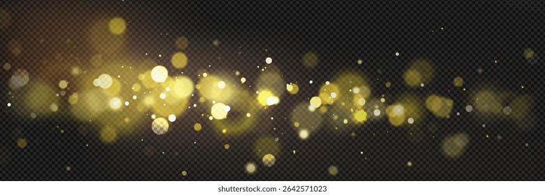 Golden bokeh light effect on transparent background - shimmering particles and blurred circles of magical dust for luxury designs, festive overlays, celebration graphics or elegant photo filters.