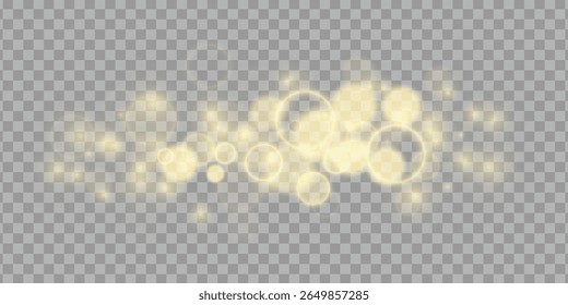 Golden bokeh light effect on transparent background, perfect for festive, elegant, or magical designs.