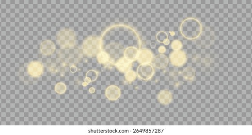 Golden bokeh light effect on transparent background, perfect for festive, elegant, or magical designs.