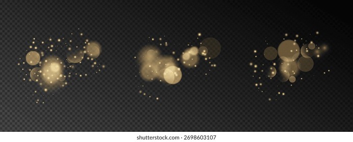 Golden bokeh light effect on transparent background. Luminous glitter particles, shimmering dots, soft circles with warm glow. Vector festive overlay with star dust. Holiday decoration for cards.