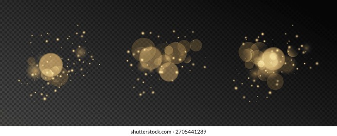 Efecto de luz bokeh dorado sobre fondo de noche. Partículas de brillo luminoso, puntos brillantes, círculos suaves con brillo cálido y destello. Plantilla de decoración de vacaciones de Vector para tarjetas de Navidad.