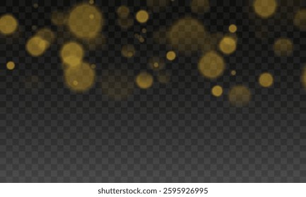 Golden Bokeh Light Effect, Soft Glowing Blurred Lights on Dark Background, Warm Festive Sparkle for Elegant Holiday and Party Designs