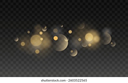 Golden Bokeh Light Effect with Soft Glow and Blurred Particles, Warm Shimmering Glitter Overlay on Transparent Background for Festive, Christmas, Wedding, and Luxury Design Projects