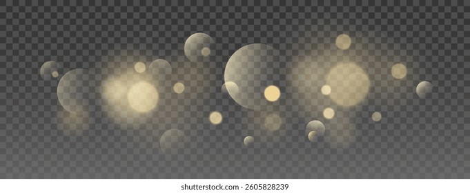 Golden Bokeh Light Effect with Soft Glow and Blurred Particles, Warm Shimmering Glitter Overlay on Transparent Background for Festive, Christmas, Wedding, and Luxury Design Projects