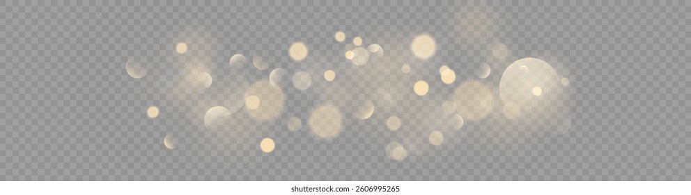 Golden Bokeh Light Effect with Soft Glow and Blurred Particles, Warm Shimmering Glitter Overlay on Transparent Background for Festive, Christmas, Wedding, and Luxury Design Projects