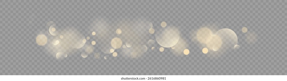 Golden Bokeh Light Effect with Soft Glow and Blurred Particles, Warm Shimmering Glitter Overlay on Transparent Background for Festive, Christmas, Wedding, and Luxury Design Projects