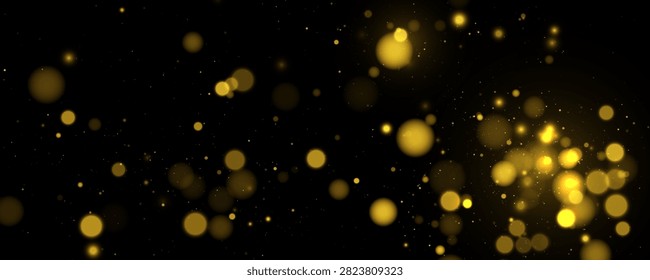 Golden bokeh light particles glowing softly on a black background creating a warm and festive atmosphere on transparent background