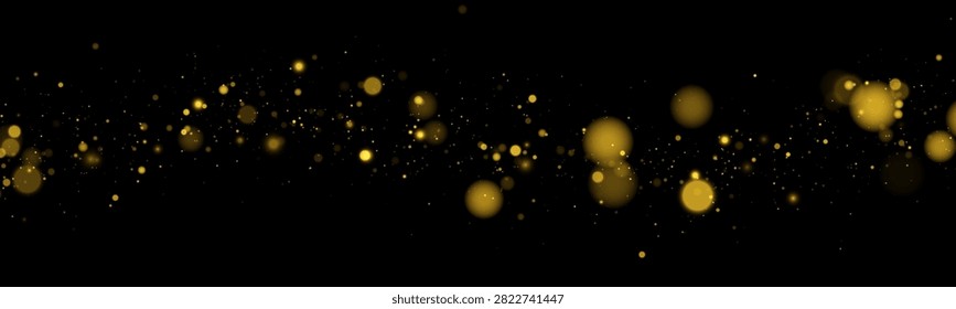 Golden bokeh light particles scattered on black background with varying sizes and soft glow effect on transparent background