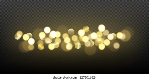 Golden bokeh lights effect isolated on dark transparent background