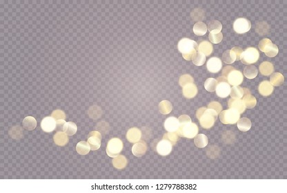 Golden bokeh lights effect isolated on transparent background. 