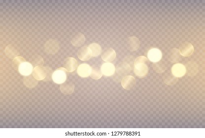 Golden bokeh lights effect isolated on transparent background. 