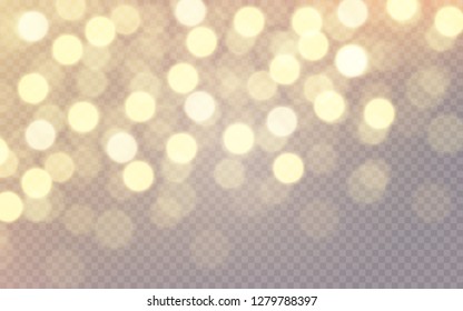 Golden bokeh lights effect isolated on transparent background. 