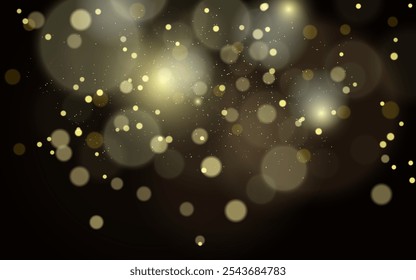 Golden bokeh lights on a dark background, creating a magical and festive atmosphere. Sparkling light effect with subtle glowing particles on a dark background