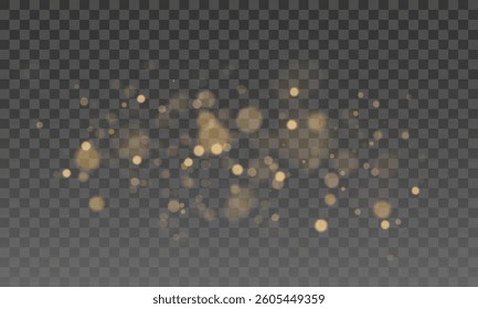 Golden Bokeh Lights - Soft Blurred Glow with Shimmering Particles and Floating Light Orbs for Elegant, Dreamy, and Festive Design Elements on a Transparent Background.