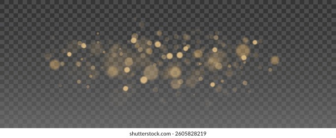 Golden Bokeh Lights - Soft Blurred Glow with Shimmering Particles and Floating Light Orbs for Elegant, Dreamy, and Festive Design Elements on a Transparent Background.