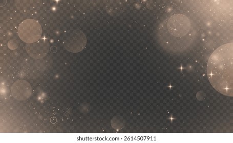 Golden bokeh lights with soft glow, sparkles, and transparency on dark background. 
