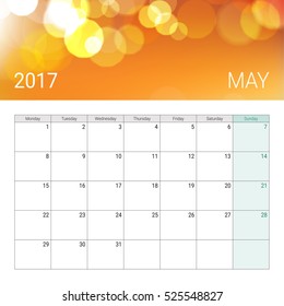 Golden bokeh may 2017 calendar, weeks start on monday