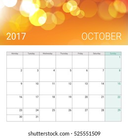 Golden bokeh october 2017 calendar, weeks start on monday