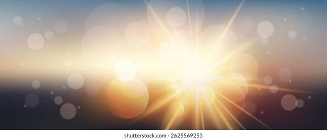Golden bokeh on dark background. Sunset and setting sun. Evening blurred background with bokeh. EPS 10