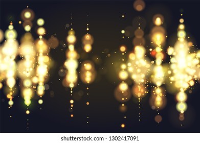 Golden bokeh sparkle glitter lights luxury background. Abstract defocused circular party magic christmas background. Elegant, shiny, metallic gold background. EPS 10