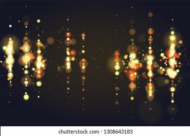 Golden bokeh sparkle glitter lights luxury glamor background. Abstract defocused circular party magic christmas background. Glamorous elegant, shiny, metallic gold background. EPS 10