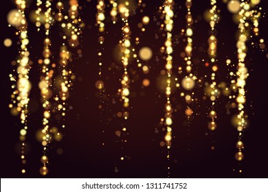 Golden bokeh sparkle glitter lights luxury background. Abstract defocused circular party magic christmas background. Elegant, shiny, metallic gold background. EPS 10