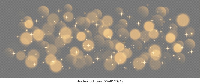 Golden bokeh with stars and sparkles, shiny overlay decoration isolated on grey background.