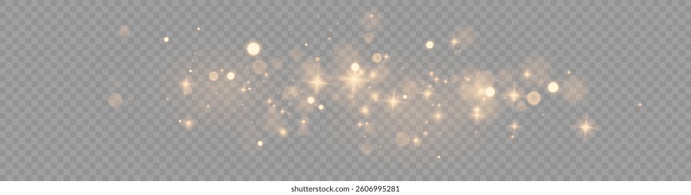 Golden Boken Light Effect with Glowing Stars, Soft Blurred Bokeh and Magic Dust Particles on a Transparent Background for Festive, Christmas, New Year, Luxury, and Elegant Celebration Designs