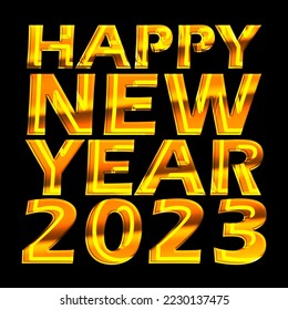 Golden bold text isolated on black background to celebrate happy new year 2023