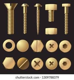Golden Bolts And Screws. Washer Nut Hardware Rivet Screw And Bolt. Gold Fasteners Isolated Vector Illustration Set