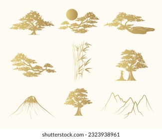 Golden bonsai, bamboo trees, mountains and the sun. Japanese art collection, set of 9 design elements for t-shirt, print and stickers. Hand drawn vector illustrations isolated on white background.