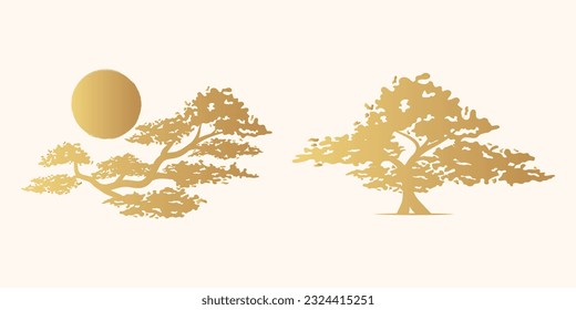 Golden bonsai tree under the sun. Japanese vector illustration isolated on white can be usable for shirts, brochures, posters and bags