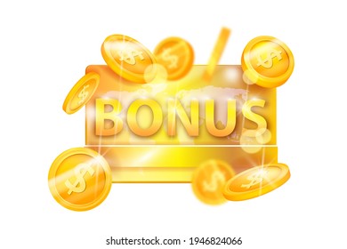 Golden bonus gift card, vector loyalty program discount coupon isolated on white, winner voucher. Online shopping VIP reward concept, digital payment points. Sale bonus card, certificate illustration