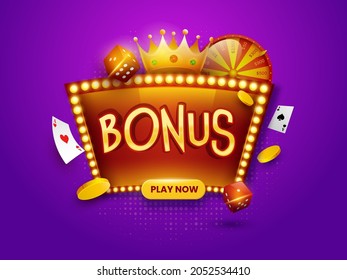 Golden Bonus Text Over Marquee Frame With 3D Crown, Coins, Dice, Playing Cards And Fortune Wheel On Purple Halftone Effect Background.
