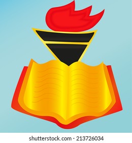 golden book with a burning torch