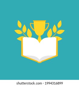 golden book with laurel and trophy or winning cup. Flat reading icon isolated on powder blue background. . Vector illustration. Education logo. Knowledge pictogram.