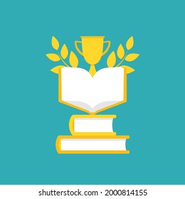 golden book with laurel and trophy or winning cup. Flat reading icon isolated on powder blue background. . Vector illustration. Education logo. Knowledge pictogram.