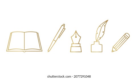 golden book, pen, fountain pen, inkwell and pencil- vector illustration