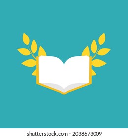 golden book with  winning laurel. Flat reading icon isolated on powder blue background. . Vector illustration. Education logo. Knowledge pictogram.