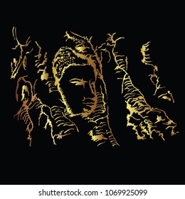 Golden border of Buddha head embedded in a Banyan tree at Wat Mahathat, Ayutthaya, Thailand with golden border elements.