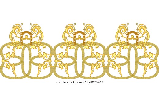 Golden border with Chinese motifs. Realistic scrolls, leaves, meander chains and other decorative elements on white background. Vintage design collection.