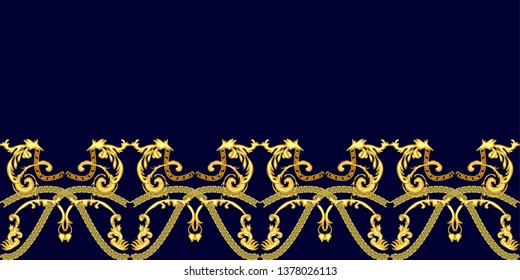 Golden border with Chinese motifs. Realistic scrolls, leaves, meander chains and other decorative elements on dark background. Vintage design collection.