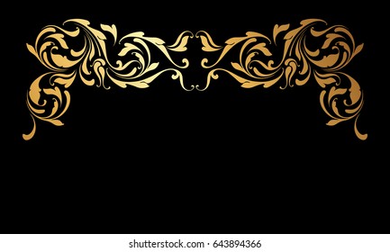 Golden border. Floral swirls and flowers. Design element.
