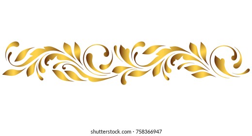 Golden border. Floral swirls and flowers. Decorative design element.