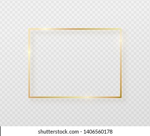 Golden border frame with light shadow and light affects. Gold decoration in minimal style. Graphic metal foil element in geometric thin line rectangle shape.