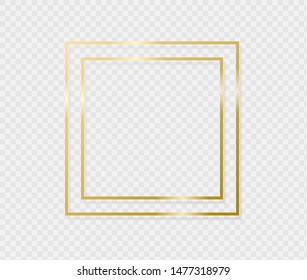 Golden border frame with light shadow and light affects. Gold decoration in minimal style. Graphic metal foil element in geometric thin line rectangle shape.