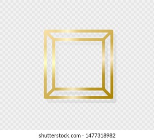 Golden border frame with light shadow and light affects. Gold decoration in minimal style. Graphic metal foil element in geometric thin line rectangle shape.
