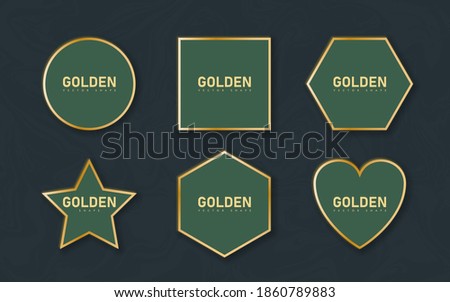 Golden border frame set with light shadow and light affects. Gold decoration in minimal style. Graphic metal foil element in geometric thin line rectangle shape.