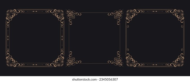 Golden border frame set template with ornamental corner lines, oval or circle shape, vector frame decoration pattern style