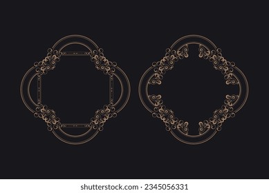 Golden border frame set template with ornamental corner lines, oval or circle shape, vector frame decoration pattern style